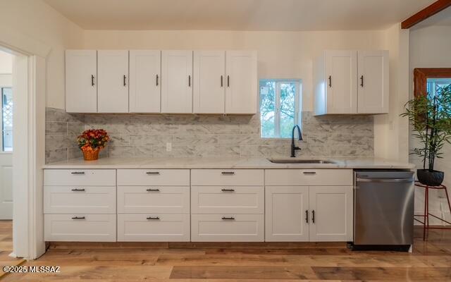 kitchen featuring stainless steel dishwasher, white cabinetry, and a sink