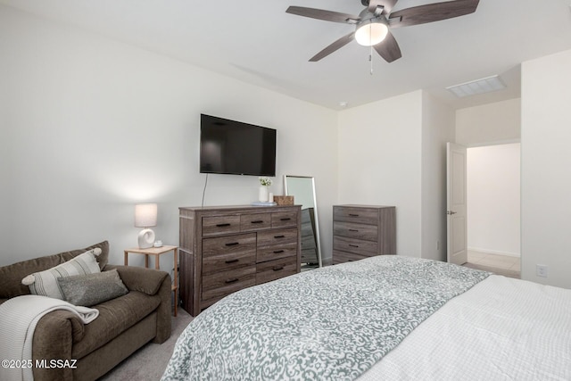 bedroom featuring visible vents and ceiling fan