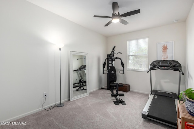 exercise area with carpet flooring, ceiling fan, and baseboards