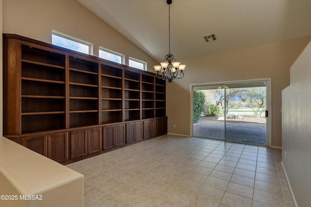 unfurnished room featuring visible vents, baseboards, light tile patterned floors, a notable chandelier, and high vaulted ceiling