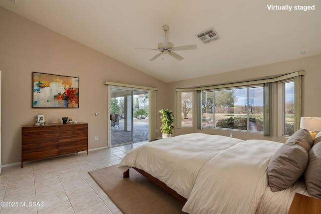 bedroom featuring visible vents, baseboards, lofted ceiling, light tile patterned flooring, and access to outside