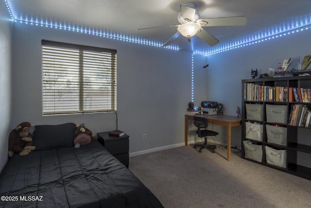 bedroom with baseboards, carpet, and ceiling fan