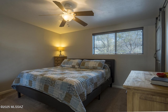 bedroom featuring baseboards, carpet, and ceiling fan