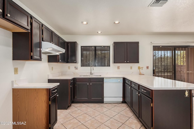 kitchen with visible vents, a sink, under cabinet range hood, a peninsula, and white dishwasher