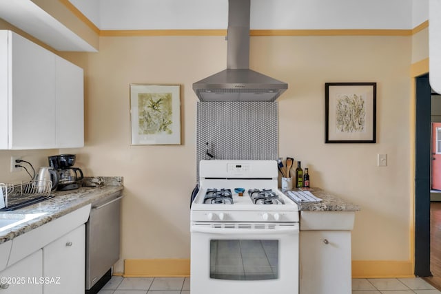 kitchen featuring dishwasher, white cabinetry, white range with gas stovetop, and wall chimney range hood