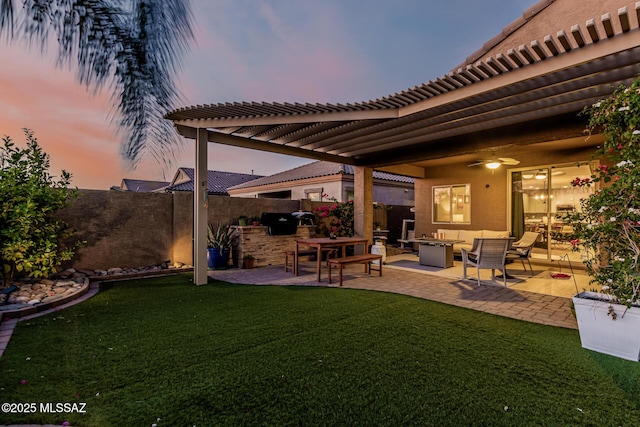 8707 N Ash Grove Ct, Tucson, AZ 85742 - view of yard with a patio area, a pergola, a ceiling fan, and an outdoor fire pit