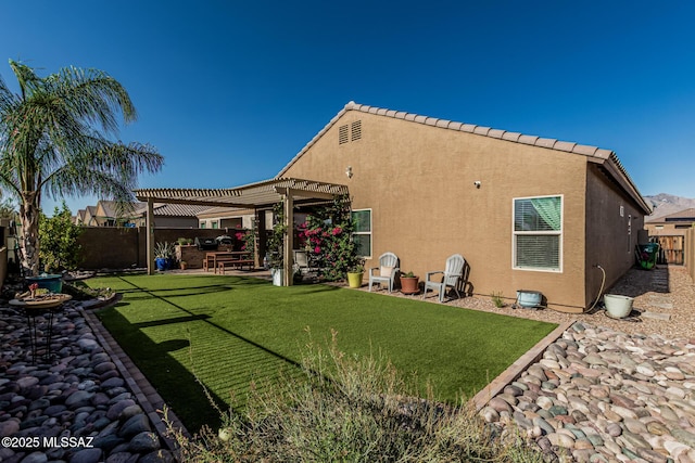 8707 N Ash Grove Ct, Tucson, AZ 85742 - rear view of property with a pergola, a fenced backyard, stucco siding, and a patio area