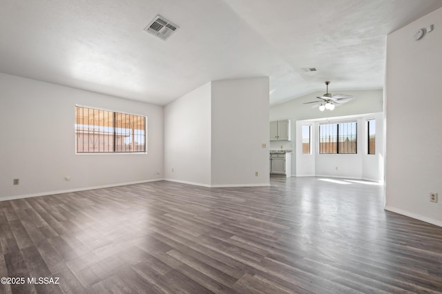 unfurnished living room with visible vents, baseboards, and dark wood-type flooring