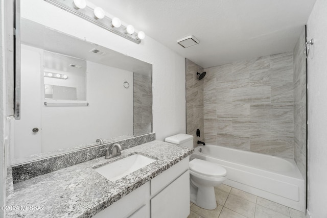 full bathroom featuring tile patterned floors, visible vents, toilet,  shower combination, and vanity