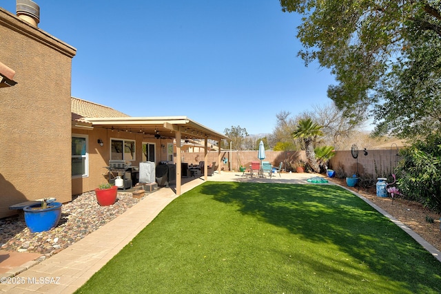 view of yard featuring a patio area, ceiling fan, and a fenced backyard