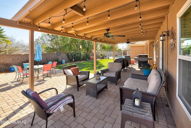 view of patio / terrace with an outdoor living space, outdoor dining area, a fenced backyard, a grill, and a ceiling fan