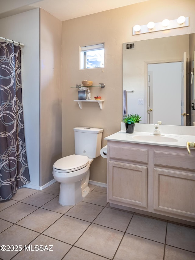 full bathroom with tile patterned floors, visible vents, toilet, and vanity