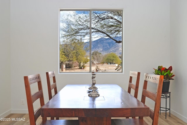 dining space featuring a mountain view, baseboards, and wood finished floors