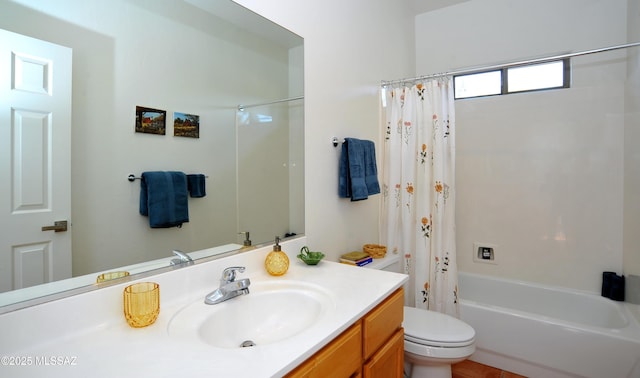 bathroom with shower / bath combination with curtain, toilet, and vanity