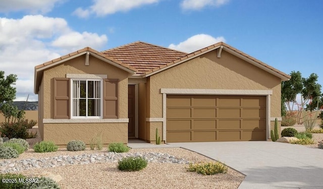 ranch-style house with stucco siding, a garage, driveway, and a tile roof