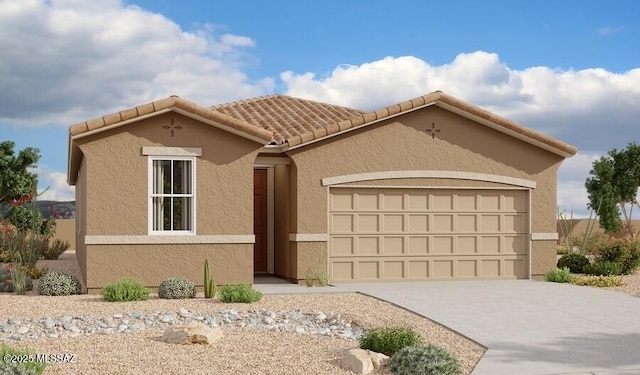 view of front of property with stucco siding, a garage, concrete driveway, and a tile roof