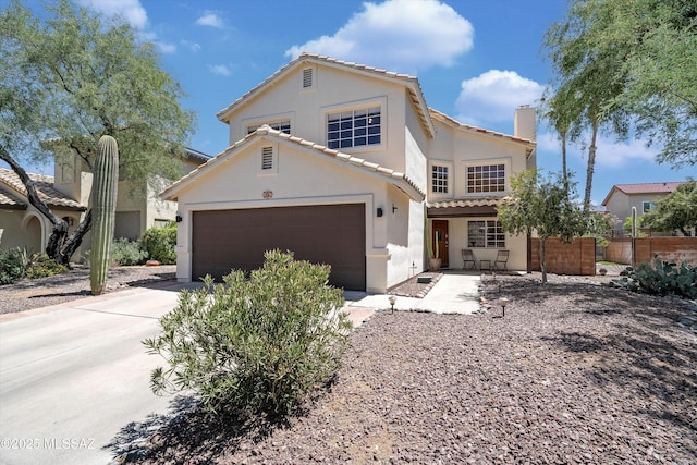 715 W Annandale Way, Tucson, AZ 85737 - view of front facade featuring stucco siding, a tiled roof, a chimney, concrete driveway, and an attached garage