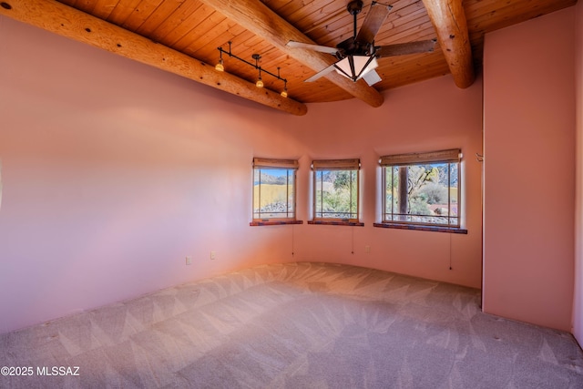 8060 E Diamondback Rd, Saint David, AZ 85630 - carpeted spare room featuring a ceiling fan, wooden ceiling, beam ceiling, and rail lighting