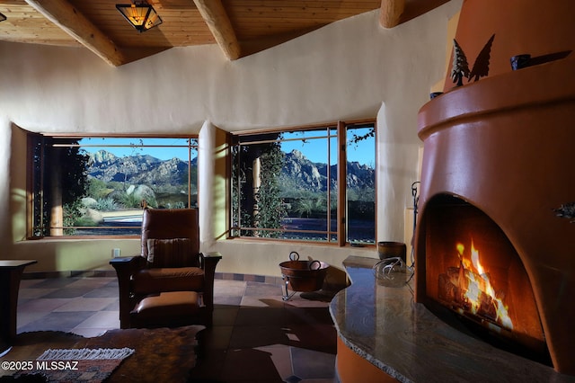 8060 E Diamondback Rd, Saint David, AZ 85630 - interior space featuring wood ceiling, beam ceiling, a mountain view, and a wealth of natural light