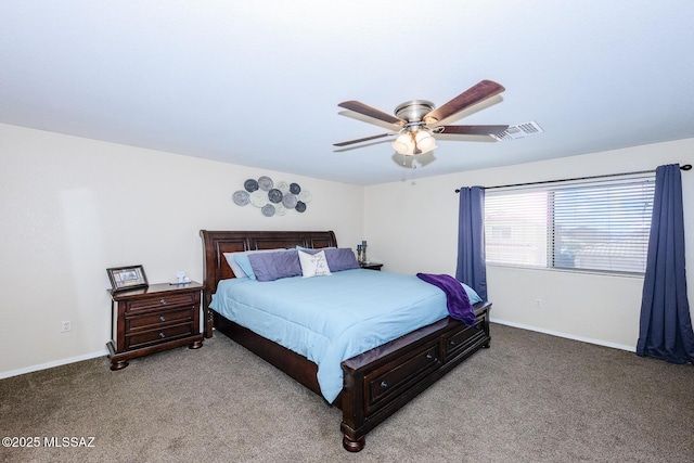 bedroom with visible vents, light carpet, baseboards, and ceiling fan