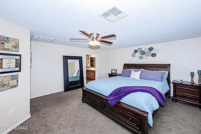 bedroom with visible vents, baseboards, ceiling fan, and carpet flooring