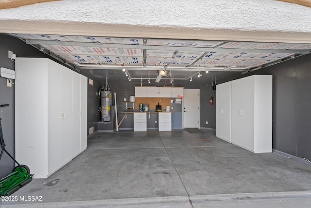 garage with gas water heater and a garage door opener