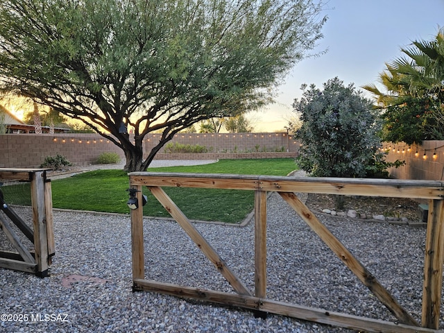 view of gate with a yard and a fenced backyard