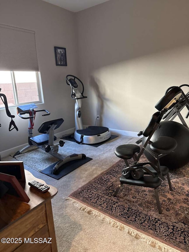 exercise room featuring carpet and baseboards