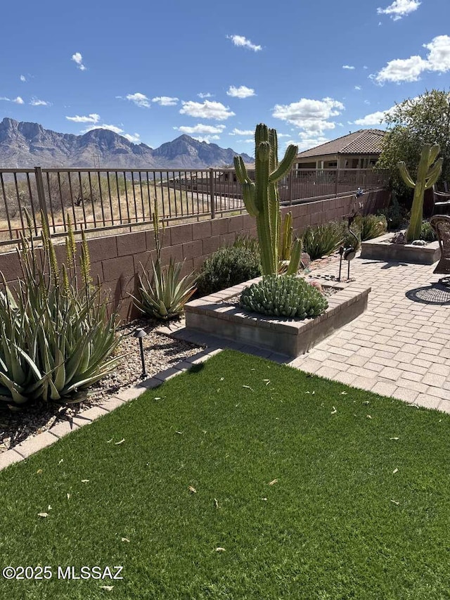 view of yard with a patio area, a fenced backyard, and a mountain view