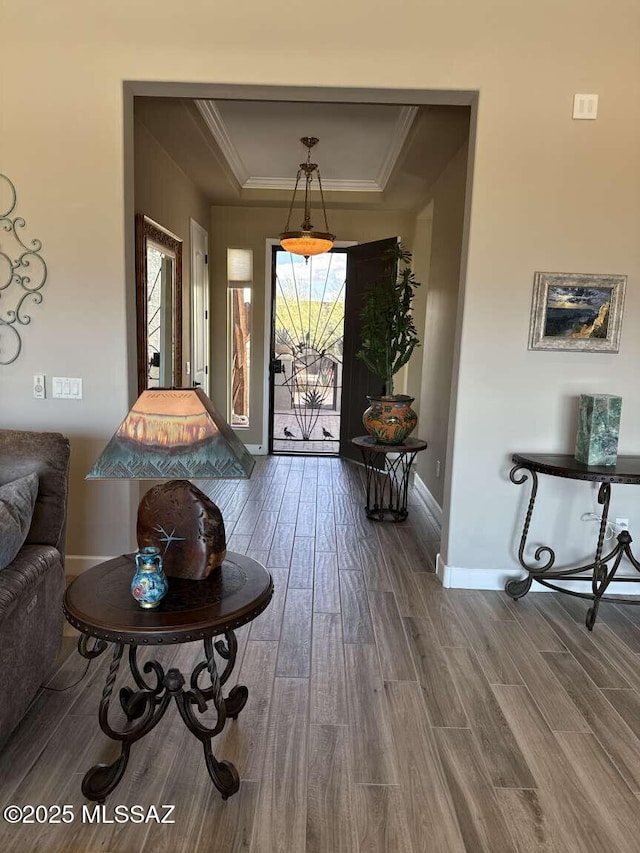 foyer featuring crown molding, a raised ceiling, baseboards, and wood finished floors