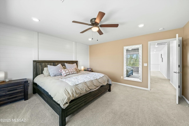 carpeted bedroom featuring recessed lighting, baseboards, and a ceiling fan