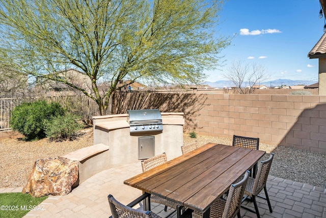 view of patio featuring a fenced backyard, grilling area, a mountain view, outdoor dining area, and an outdoor kitchen