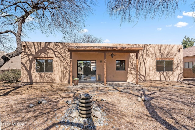 back of house with a patio area, stucco siding, and ceiling fan