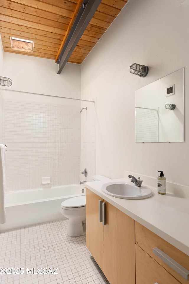 full bath with vanity, beam ceiling, tile patterned flooring, wood ceiling, and toilet