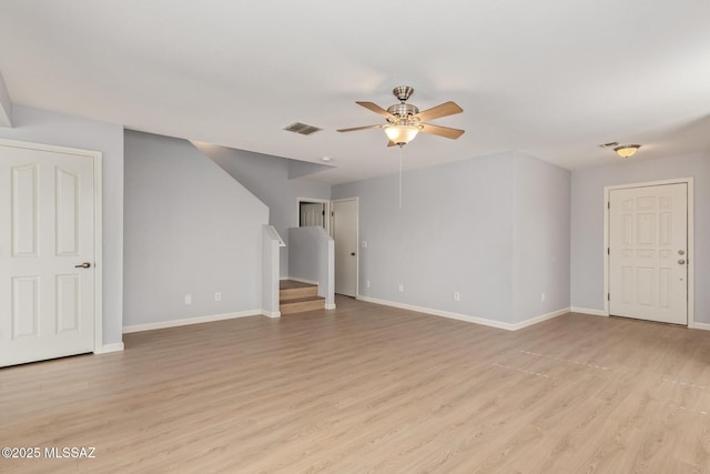 unfurnished living room with visible vents, baseboards, light wood-style flooring, and a ceiling fan