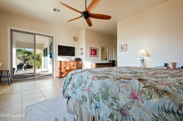 bedroom featuring tile patterned floors, visible vents, access to exterior, and ceiling fan