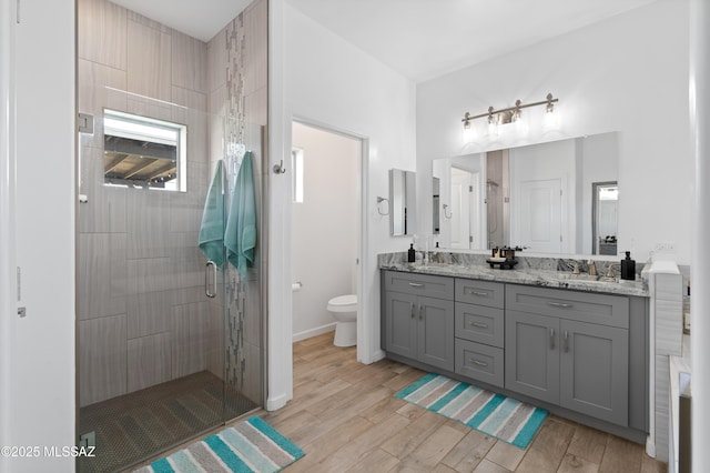 3337 E Wet Sand Pl, Vail, AZ 85641 - bathroom with a stall shower, toilet, double vanity, and wood finished floors