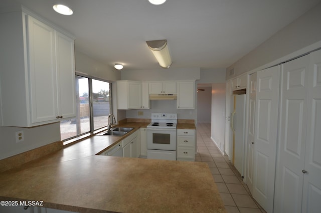 kitchen with visible vents, under cabinet range hood, a sink, white cabinetry, and white appliances