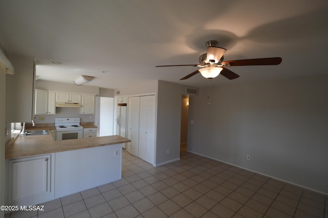 kitchen featuring visible vents, white electric range, under cabinet range hood, a sink, and a peninsula