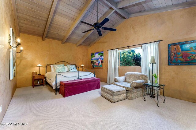 3435 E Via Guadalupe, Tucson, AZ 85716 - bedroom featuring high vaulted ceiling, carpet floors, beam ceiling, and wood ceiling