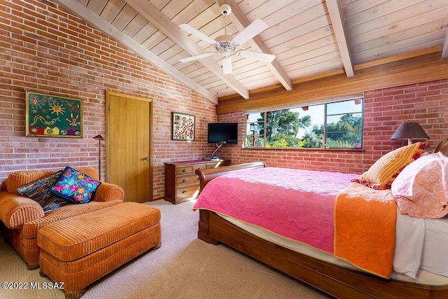 3435 E Via Guadalupe, Tucson, AZ 85716 - carpeted bedroom featuring wood ceiling, brick wall, lofted ceiling with beams, and ceiling fan