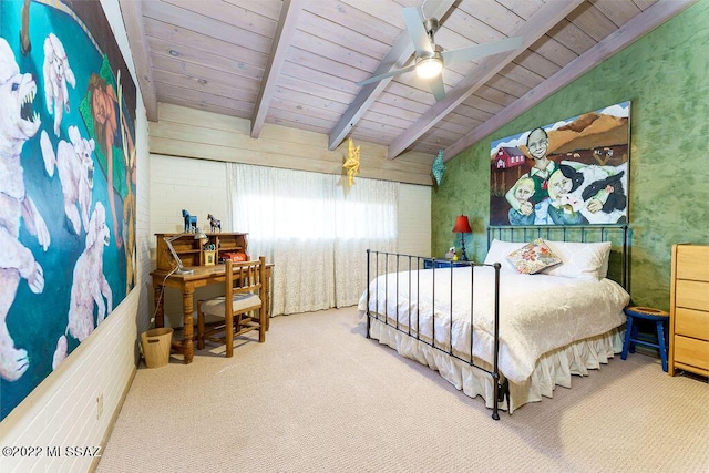 3435 E Via Guadalupe, Tucson, AZ 85716 - bedroom with wood ceiling, lofted ceiling with beams, a ceiling fan, and carpet floors