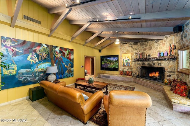3435 E Via Guadalupe, Tucson, AZ 85716 - cinema room featuring a fireplace, visible vents, vaulted ceiling with beams, and wood ceiling