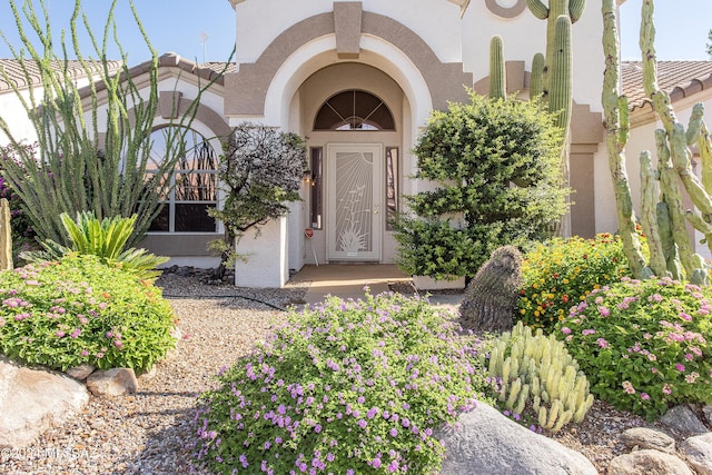 property entrance with stucco siding and a tile roof