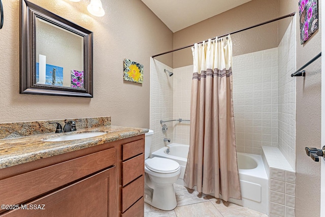 full bath with vanity, shower / bathtub combination with curtain, tile patterned flooring, toilet, and a textured wall