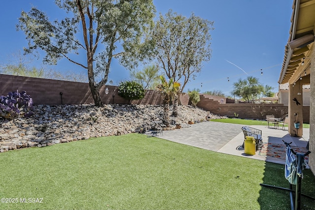 view of yard with a fenced backyard and a patio