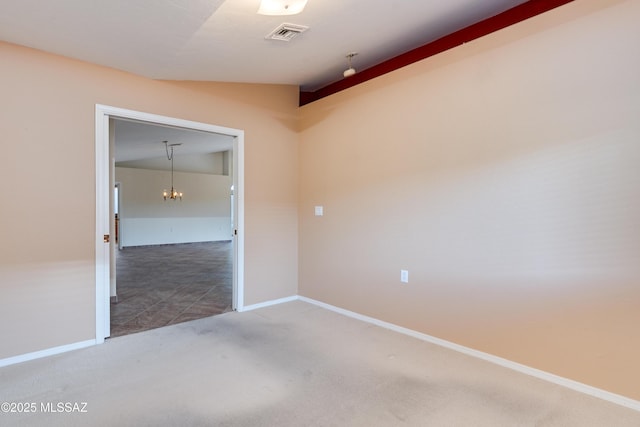 1181 W Placita Lucinda, Green Valley, AZ 85614 - carpeted spare room featuring lofted ceiling, baseboards, visible vents, and a chandelier