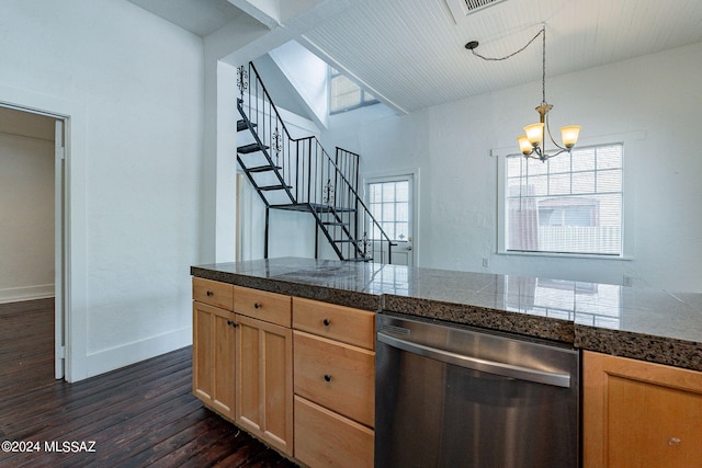 kitchen with stainless steel dishwasher, tile countertops, baseboards, dark wood-style flooring, and hanging light fixtures