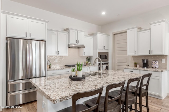 kitchen with a sink, light wood finished floors, under cabinet range hood, and stainless steel appliances