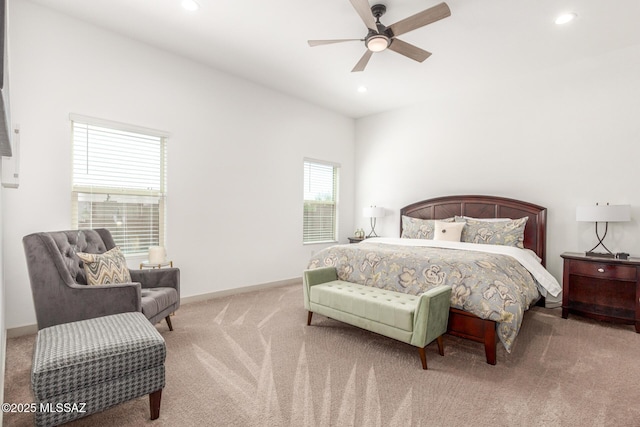 bedroom featuring recessed lighting, baseboards, and carpet